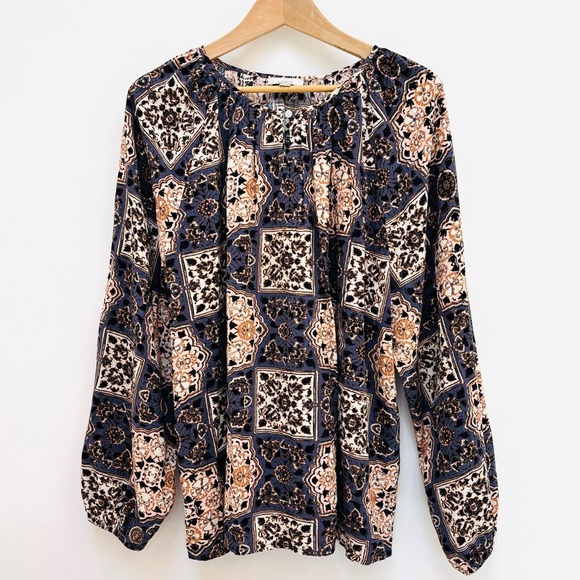 Loft Outlet Floral Medallion Popover Peasant Blouse Boho Blue Gray XL - Picture 2 of 11